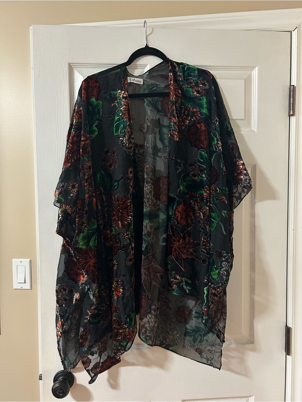 Sheer Floral Kimono Blouse in Black with Green & Rust
